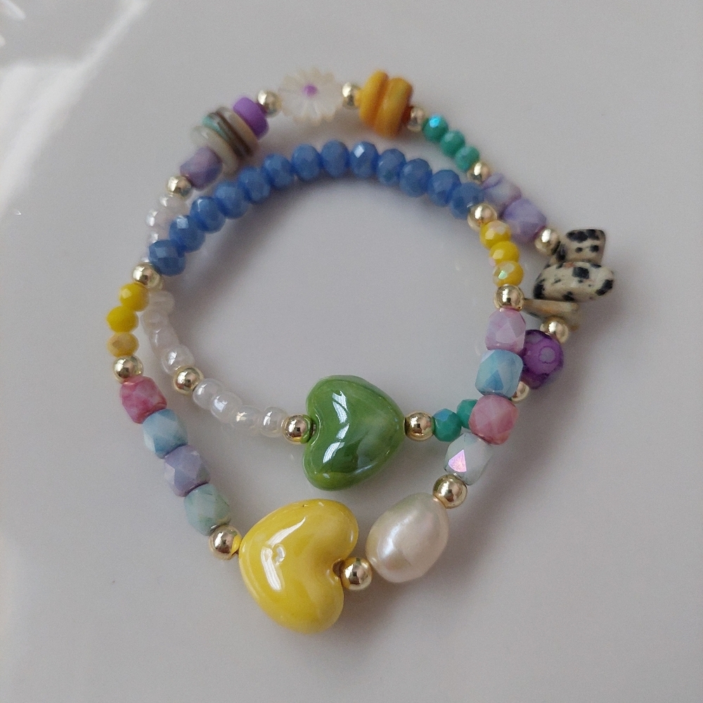 Handcrafted Bracelet Set Porcelain Crystales Elastic